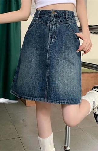 Women Summer Knee-Length Jean Skirt Vintage High Waist Casual A-Line Denim Skirt2