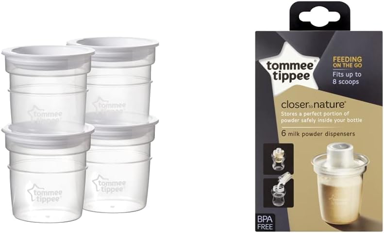 Tommee Tippee Closer to Nature Breast Milk Storage Pots with Lids, 60ml, Suitable for Fridge and Freezer, Pack of 4 & Milk Powder Dispensers x 6