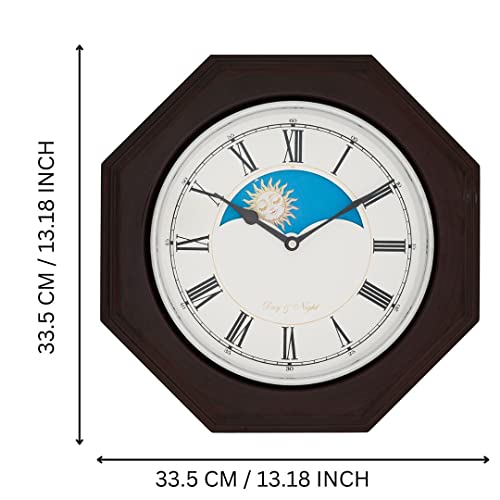 Image of CHRONIKLE Unique Octagon Shaped Chocolate Color Sunrise /Sunset Style Wooden Roman Figure Wall Clock with Sweep Movement (Size: 33.5 x 33.5 x 6.5 CM | Color: Chocolate | Weight: 1535 grm)