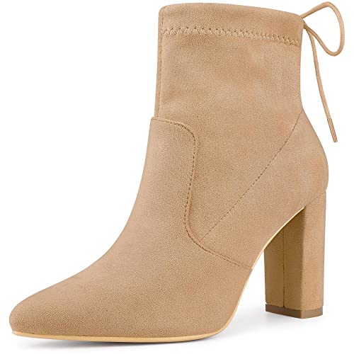 Allegra K Allegra K Women's Pointed Toe Pull on Drawstring Block Heel Khaki Ankle Boots 10 M US