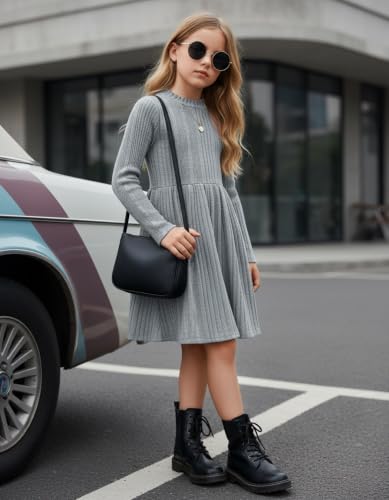 Image of Arshiner Girls Dresses Long Sleeve A Line Knit Sweater Dress with Pockets
