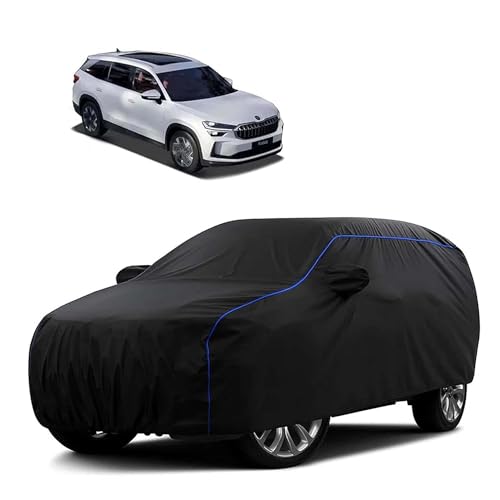 Image of Sulfar 100% Water Resistant Car Body Cover Compatible with Mirror for Skoda Kodiaq (Triple Stitched, Full Bottom Elastic, Black Tafetta with Blue Piping)