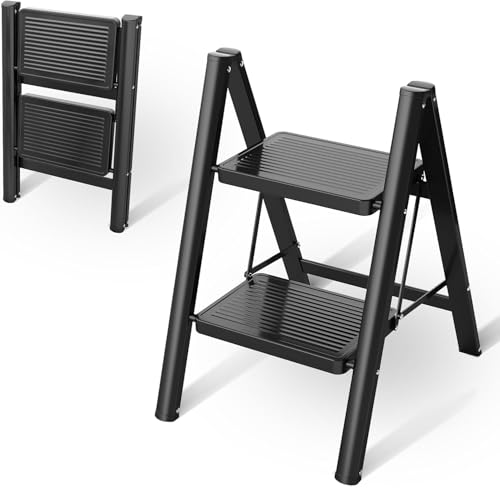 Image of Folding Step Stool with Wide Anti-Slip Pedal[150 kg] Capacity Heavy Duty Lightweight Portable Black Ladder Household Kitchen Office Space Saving Multifunctional Indoor Car Wash Outdoor (2 Step Ladder)