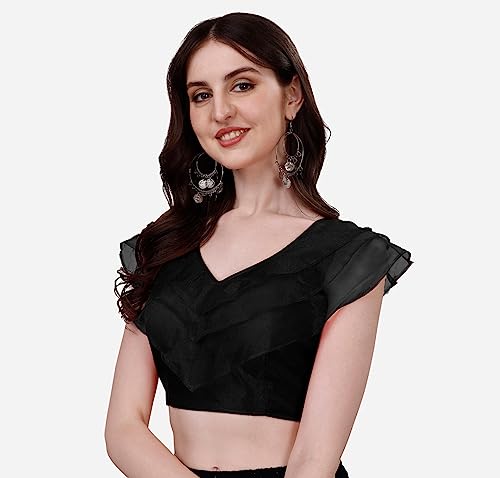 Image of Pujia Mills Women's V Neck Orgenza Three Layer Ruffle Sleeve Frill Readymade Saree Blouse