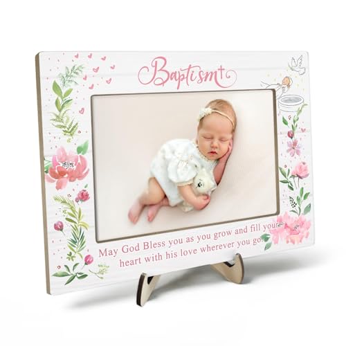 KLYTINK Baptism Gifts for Girl, Baptism Gifts for Boys, Baby Baptism Gift, Baptism Picture Frame, Baptism Gift for Godchild From Godparents-May God Bless You Wherever You Go, 4x6Inch Photo (Pink)