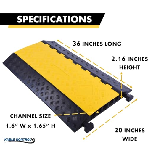 Image of Kable Kontrol Atlas Heavy Duty Cable Protector Ramp - 5 Channel - 1 Pc - 36 inch Long Black & Yellow - 36,000 Lbs Capacity - Rubber Speed Bump Wire Protector Cord Cover - CP9988