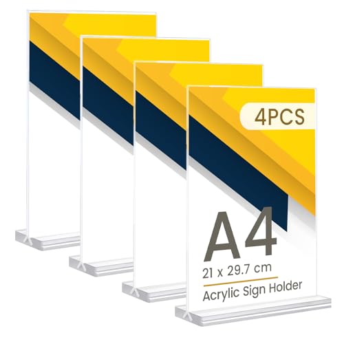 FxlStelrion 4 pièce Porte Affiche A4, Porte Menu Transparente Acrylique, Support Double Face Vertical, Présentoir de Table A4 en T pour Restaurant, Café, Bureau, Mariage, Photos, Affiches, Menu