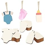 Tmflexe Baby Shower 30Pcs Unfinished Wooden Gift Ornaments DIY Craft Present Paintable Blank Natural Onesie Bottle Footprint Cutouts Hanging Wood Slices for Party Supplies