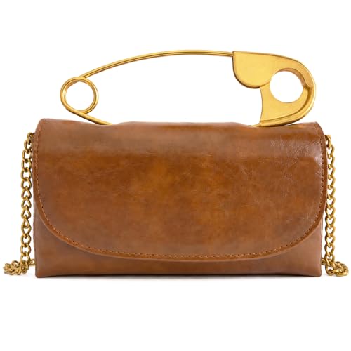 Image of Women's Small Soft Pin Shaped Vegan Leather Crossbody Purse Bag with Gold Metallic Handles & Chain