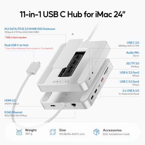 Image of Upgraded 11 in 1 USB C Hub for iMac 24 inch USB Hub 2021 2023 2024 Support M.2 SSD (NOT Included), iMac Hub M1 M3 M4 Accessories, 4K HDMI, 2.5G Ethernet, 5 USB A /C Max 10Gbps, SD /TF-Silver