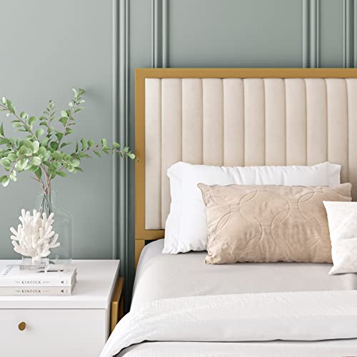 Hifit Queen Size Bed Frame, Queen Bed Frame With Headboard, Heavy Duty Metal Foundation, Upholstered Bed Frame With Velvet Tufted Headboard, Wood Slat Support, No Box Spring Needed, Gold & Ivory White #TOP7
