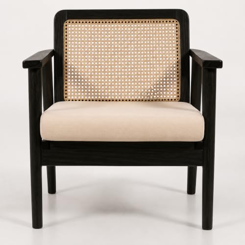 Image of LSGF Mangz Wooden Lounge Chair with Rattan Cane Back | Solid Wood Accent Chair with Cushion | Mid Century Modern Armchair for Living Room, Bedroom & Office (Black)