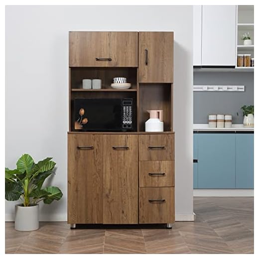 RYNSTO Kitchen Hutch Cabinet,Pantry Storage Cabinet with Anti-Falling Design, 3 Large Drawers,Open Countertop and Microwave Space for Kitchen,Dinning Room(Brown)