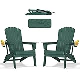 nevilywood Folding Adirondack Chair - Extended Ergonomic Backrest, Cup Holder - Easy Assembly - Durable HDPE Plastic, Weather Resistant & Maintenance-Free - Lawn, Patio, Deck Supports 380lbs Green