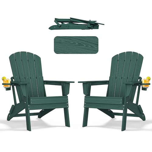 nevilywood Folding Adirondack Chair - Extended Ergonomic Backrest, Cup Holder - Easy Assembly - Durable HDPE Plastic, Weather Resistant & Maintenance-Free - Lawn, Patio, Deck Supports 380lbs Green