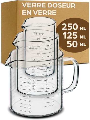 Praknu Verre Doseur en Verre - 50ml, 125ml, 250ml - Graduation Précise - Empilable - Résistant à la Chaleur & au Micro-ondes