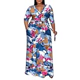 Picture of Runwind Plus Size Dress for Women - 3/4 Sleeve V Neck Printing Maxi Dresses for Women Rose Pink Blue 3XL