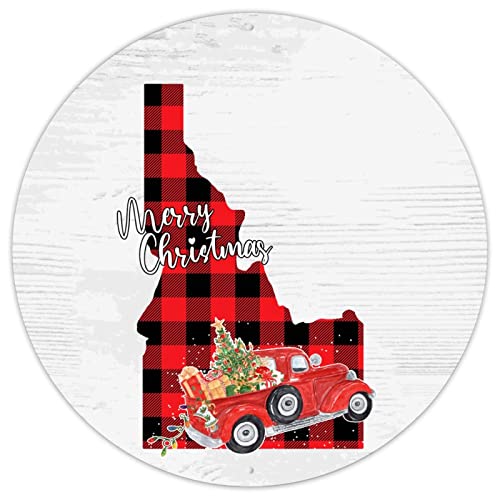 State Christmas Truck Welcome Metal Sign Buffalo Plaid Christmas Idaho State Christmas Truck USA State Round Metal Tin Sign �f�p�ȕ�