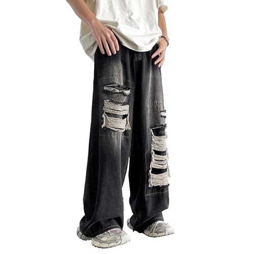 Ripped Baggy Jeans for Men Distressed Y2K Style Wide Leg Denim Pants Grunge Streetwear Fashion Black