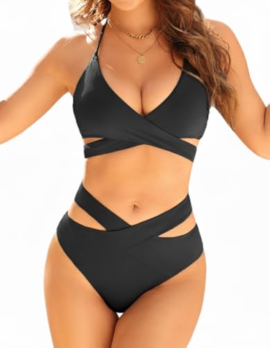 Holipick Two Piece Bikini Sets for Women High Waisted Bikini Push Up Swimsuit Halter Wrap Criss Cross Bathing Suit Black