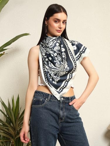Image of Ravaiyaa - Attitude is everything Women Silk Digital Print Large Square Scarf Breathable Lightweight Neckerchief Printed Headscarf 40 inch x 40 inch Inch
