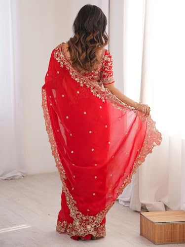 Image of AKHILAM Women's Shimmer Satin Sequence Embroidery Saree With Unstitched Blouse Piece(AARYAN21401 KR Parent)