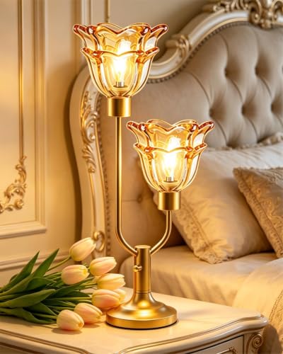 Image of Lightdot Mid Century Modern Flower Gold Table Lamp Vintage Gift Dimmable | Nightstand Lamp Amber Glass Desk Lamp 2 Bulbs Included Warmwhite Ambient Bedside Lamp for Living Room Bedroom Home Decor Gift