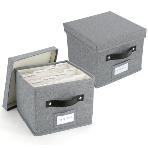 TARSUKA Greeting Card Organizer with dividers - Storage Box with lid Holds 150+ Cards - Assortment Box for Greeting Cards,Recipes, Photos, Envelopes, Keepsake - 9 x 9 x 7 Inches (Gray, 2 pcs)