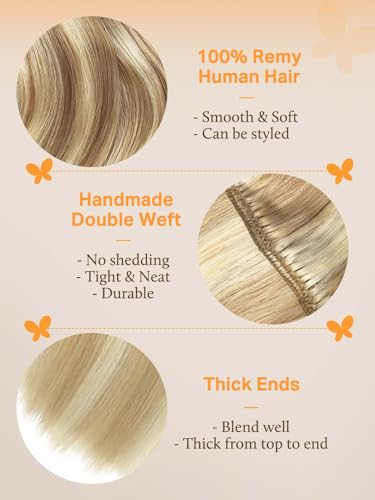 Image of DOORES Sew in Hair Extensions Real Human Hair, Dark Blonde Highlighted Bleach Blonde 14 Inch 80g, Hand Tied Natural Straight