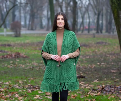 Image of SAOL 100% Merino Wool Shawl /Poncho Sweater /Open Cardigan /Wool Cape with Pockets with Fringe Trim and Trinity Knot Button