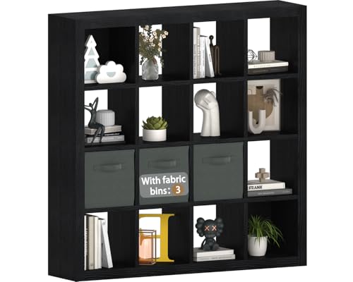 furtble Bookshelf with Storage Bins, 16-Cube Storage Organizer with Back