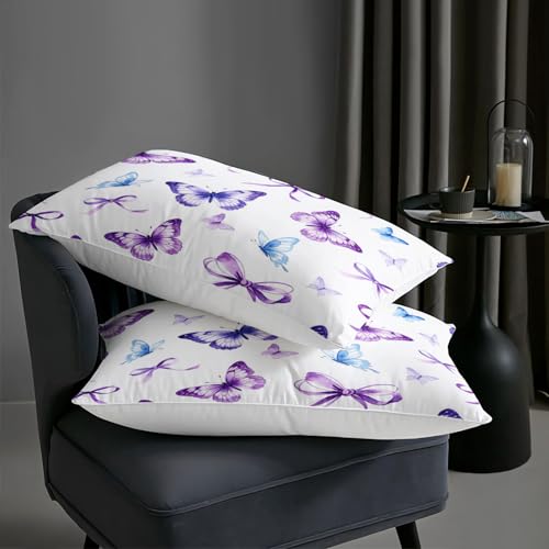 Image of AILONEN Queen Purple Butterfly Comforter Set, Blue Watercolor Ribbon Bedding, Floral Bow Decor, Lightweight Cozy Microfiber Luxury Guest Master Bedroom