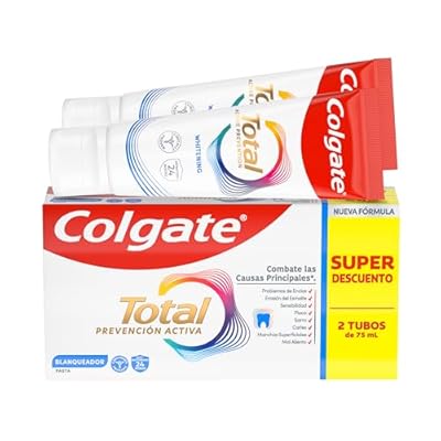 Colgate Total Prevención Activa Blanqueador Pasta de Dientes 2x75ml | Combate las causas principales* de los problemas de salud bucodental | 24h de Protección antibacteriana¹ | Clínicamente Probado