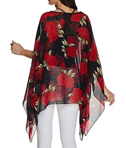 Rokou Women Chiffon Blouse Floral Batwing Sleeve Beach Loose Tunic Shirt Tops (Color2) #TOP4