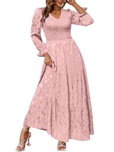 Simplee Womens Long Sleeve Smocked Maxi Dress Tiered V Neck Flowy Fall Wedding Guest Long Dresses with Pockets (Pink M)