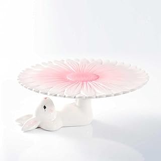 Easter Bunny Ceramic Cake Stand – Hand-Painted Pink Flower Dessert Plate...
