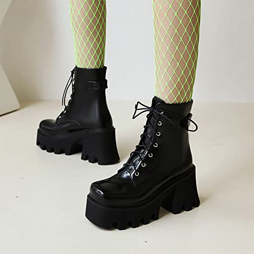 DXSYMJM Women's Chunky Platform Goth Combat Boots Punk High Heel Lace Up PU Leather Casual Winter Boots2