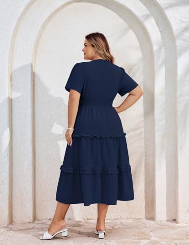 Image of Hanna Nikole Women's Plus Size Summer Casual Dress 2025 V Neck Empire Waist Tiered Flowy Beach Vacation Dress with Pockets