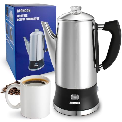 APOXCON Electric Coffee Percolator Stainless Steel Coffee Maker with Clear Brew Progress Tough Glass Knob and On/OFF Switch Classic Coffee Pot with Keep Warm & Cordless Serve No Aluminum (12 Cup)