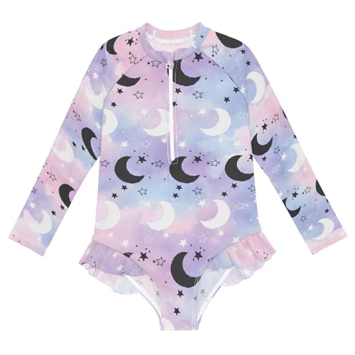 ALAZA Toddler Swimsuit Girl Bathing Suit Swimwear Rash Guard Stars Crescent Moon Gradient Long Sleeve 3T