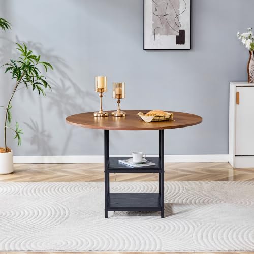 Table ronde 107 cm en noyer et métal noir au design européen contemporain