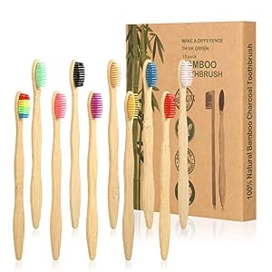 tonyg-p 10 Pack Bamboo Toothbrushes Medium Nylon Bristles Natural Biodegradable Eco-Friendly BPA Free Wooden Toothbrush Set, Assorted Colour