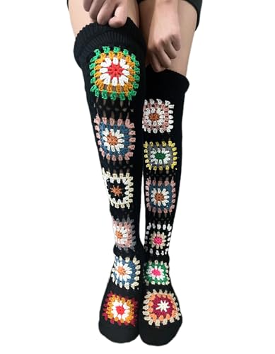 Image of Leoparts Crochet Thigh High Socks Granny Square Over Knee High Retro Knitted Stocking Colorful Leg Warmers