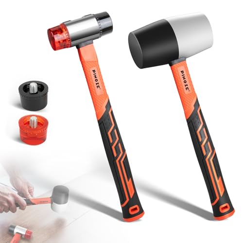 PINOZE Conjunto de martillos de goma de 2 piezas, malleto de goma de 450g y malleto suave de doble cara de 35 mm con 2 cabezales adicionales, mango de fibra de vidrio para pisos, baldosas