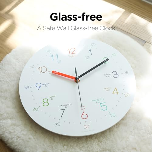 Image of mooas Easy Learning Flatwood Wall Clock,12 inch Wood Clock | Non-Ticking Sweep Movement Decorative Clock Battery Operated Wall Clock for Home Living Room Bedroom School