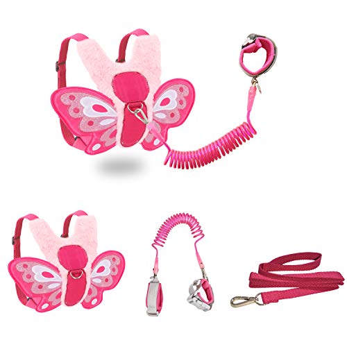 JIANBAO Butterfly Toddler Safety Harnesses with Leashes Anti Lost Wrist Link for 1.5-3 Years Kids Girls (Plush Butterfly, Pink)