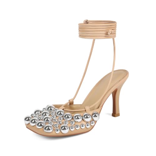 Image of Saint Leia Women's 4IN High Heel Sandals Nude Stiletto Pumps with Gold Silver Pearls Heels for Weddings Parties and Evening Wear