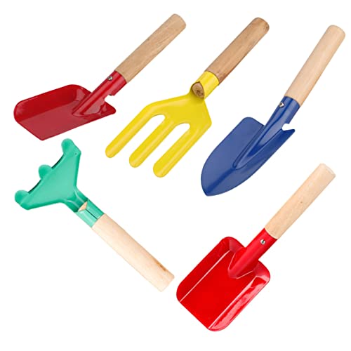 KICHOUSE 5Pcs Gardening Tool Wooden Handle Rake Fork and Shovel Fun Garden for Boys for Outdoor Play and Parent Bonding Activities
