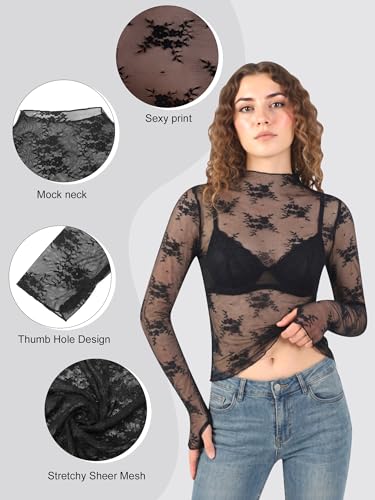 ZhouBoat 2 pcs Womens Mesh Tops Black Lace Long Sleeve Shirts Floral Embroidery Mock Neck Slim Fitted Undershirt See Through Blouses Shirt(S) — view 5