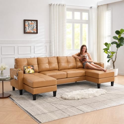 TYBOATLE 116’’ Brown Faux Leather Sectional Sofa